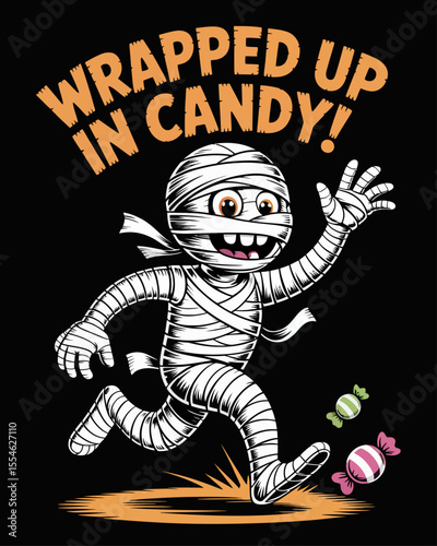 Mummy chasing rolling candy with unraveling wraps, captioned “Wrapped Up in Candy!” – hilarious Halloween action scene with sweets obsession and unraveling chaos.