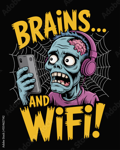 Zombie confusedly using upside-down phone, tangled in headphones and spider webs, captioned “Brains… and WiFi!” – humorous undead tech cartoon with modern spooky vibes for Halloween lovers
