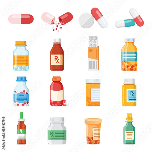 Pill icon set collection in flat style. Drug vector illustration on isolated background. Medicine pharmacy sign business concept.