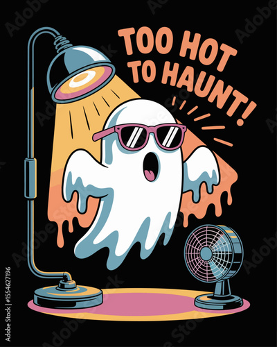 Melting ghost under sunlamp with sunglasses and fan, captioned “Too Hot to Haunt!” – funny seasonal mismatch with cute melting ghost and bright summer-meets-Halloween cartoon humor.