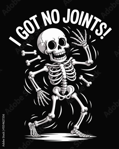 Skeleton trying to floss dance, bones flying off mid-move, captioned “I Got No Joints!” – chaotic Halloween dance humor with exaggerated cartoon motion and spooky rhythm fail.