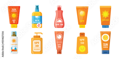 Sunscreen cream icon set collection in flat style. Skin protection vector illustration on isolated background. Skincare pharmacy sign business concept.