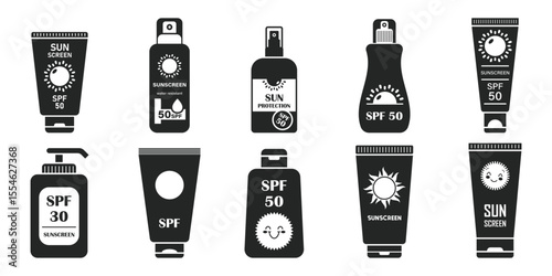 Sunscreen cream icon set collection in flat style. Skin protection vector illustration on isolated background. Skincare pharmacy sign business concept.