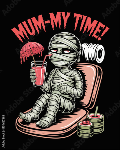 Mummy at spa with toilet paper wraps, cucumber slices, sipping smoothie, captioned “Mum-my Time!” – relaxing Halloween scene with cozy horror humor and pastel spa vibes on black.