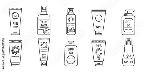 Sunscreen cream icon set collection in flat style. Skin protection vector illustration on isolated background. Skincare pharmacy sign business concept.