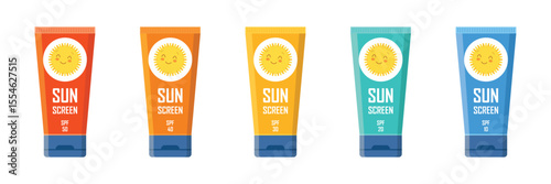 Sunscreen cream icon set collection in flat style. Skin protection vector illustration on isolated background. Skincare pharmacy sign business concept.