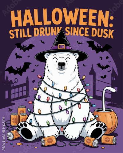 Funny Halloween polar bear tangled in fairy lights, witch hat backwards, beer cans scattered, captioned “Halloween: Still Drunk Since Dusk.” – humorous adult bear design for spooky party lovers.