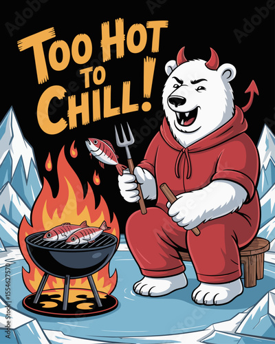 Devilish Halloween polar bear grilling fish over melting ice fire, captioned “Too Hot to Chill.” – funny adult-themed Arctic BBQ moment for spooky humor and fiery coolness.