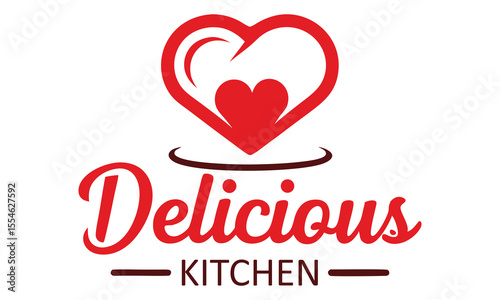A stylish red heart logo with the text delicious kitchen below symbolizing love for cooking and delicious food
