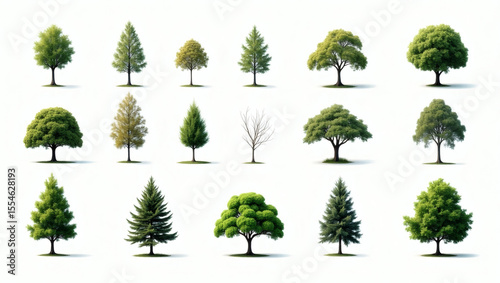 Collection of various green trees of different types and sizes, perfect for design use