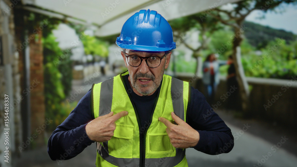 Obraz premium Man wearing blue hardhat and yellow vest points to himself in an urban park with greenery and blurred background, suggesting construction or safety themes outdoors.