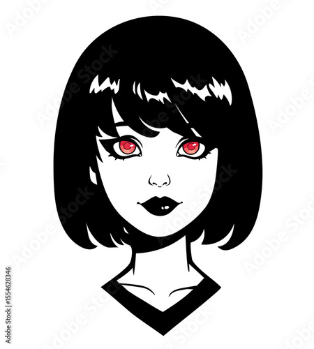 Stylized face of a teenage girl with short black hair.