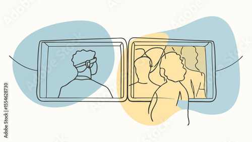 Two people are looking at a screen with a man wearing a mask. The man on the left is wearing a mask and the man on the right is not