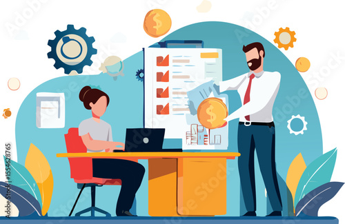 Vector illustration showing artificial intelligence and automation in the workplace: robotic arms, AI assistant, task automation. Great for technology, innovation, and digital transformation themes.