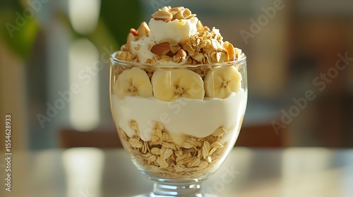 Serving of yogurt with muesli banana and nuts