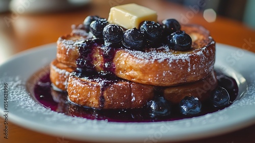 Serving of french toast topped with melting butter and a blueberry compote