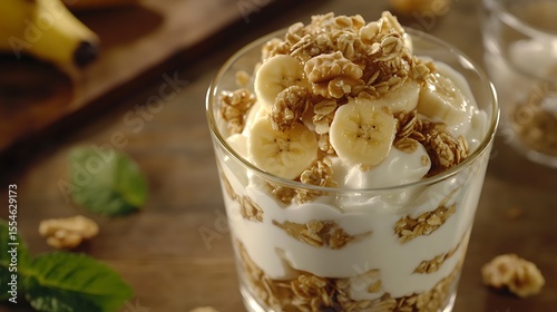 Serving of yogurt with muesli banana and nuts