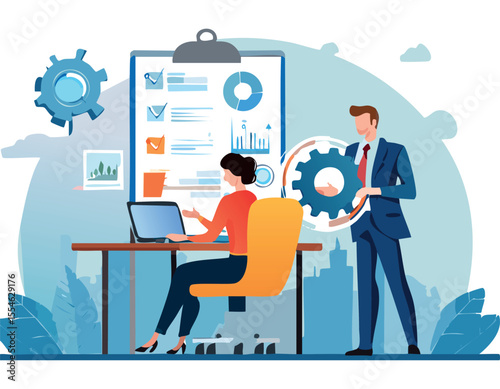 Vector illustration showing artificial intelligence and automation in the workplace: robotic arms, AI assistant, task automation. Great for technology, innovation, and digital transformation themes.