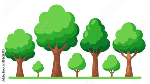 A collection of stylized green trees with brown trunks on a transparent background