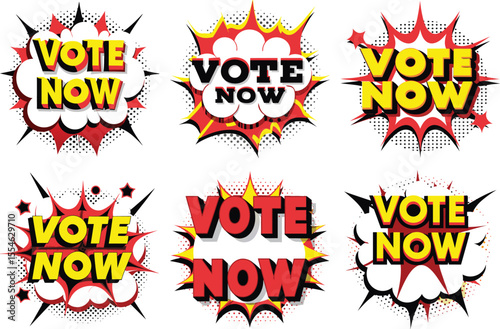 Six Unique "Vote Now" Comic Book Speech Bubbles, Red and Yellow...