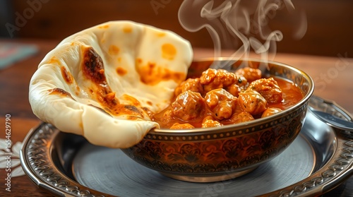 Fresh naan bread served with hot, steaming chicken tikka masala in copper bowl