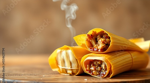 Piping hot tamales wrapped in corn husks with steam rising as they’re unwrapped