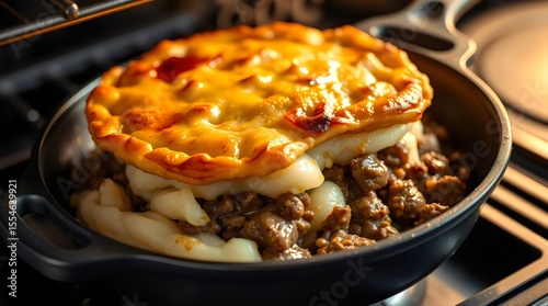Piping hot shepherd’s pie in a cast iron skillet, golden crust steaming above mashed potatoes