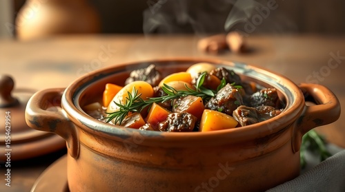 Hearty beef stew in a clay pot, steam rising with visible herbs and chunks