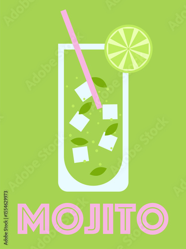 Mojito cocktail in tall glass with ice and lime on green background  