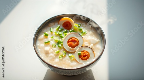 Hot Chinese congee with steam rising, topped with scallions and century egg