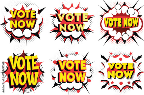 Six Unique "Vote Now" Comic Book Speech Bubbles for Election Campaigns