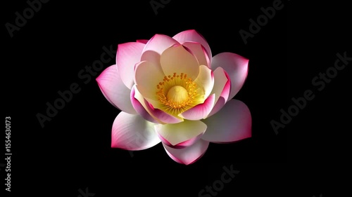 lotus flower blooming in slow motion, isolated in black background