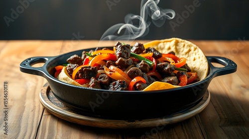 Sizzling hot fajitas served on a cast iron plate with steam trailing up