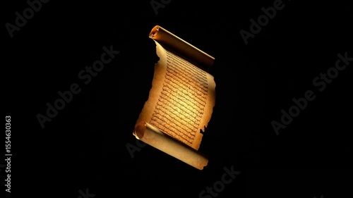 Floating open scroll glowing with script, isolated in black background