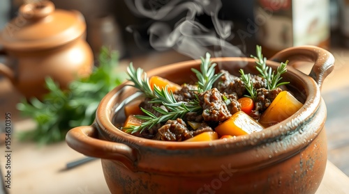 Hearty beef stew in a clay pot, steam rising with visible herbs and chunks