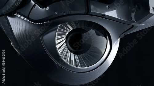 Robotic eye opening with lens animation, isolated in black background