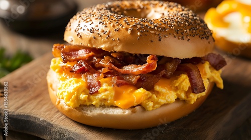 Sesame bagel with scrambled eggs fried bacon and cheddar cheese