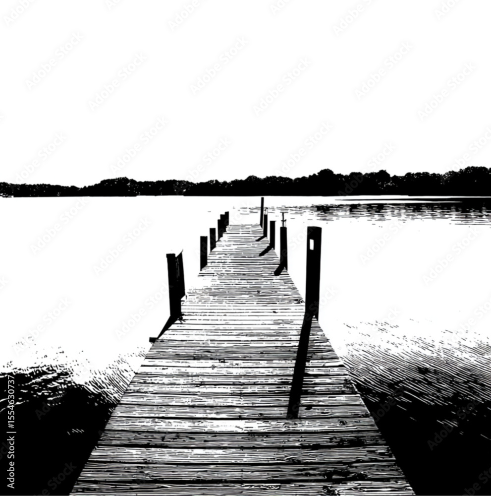 Obraz premium dock extending into a lake, view at an angle from water in the lake, silhouette, black on white background for a t shirt