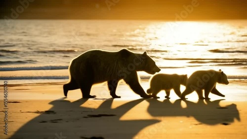 A bear family walking on a sandy beach at sunset with ocean in the background scene view shot video
