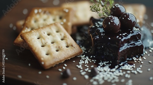 Sesame crackers cookies and petit four marmalade and chocolate truffle garnish