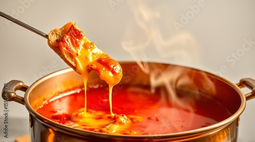 Bubbling pot of spicy fondue with steam wafting as bread is dipped