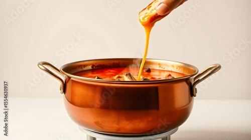 Bubbling pot of spicy fondue with steam wafting as bread is dipped