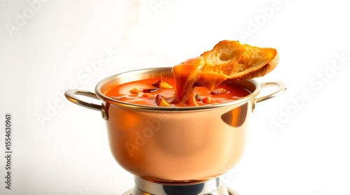 Bubbling pot of spicy fondue with steam wafting as bread is dipped