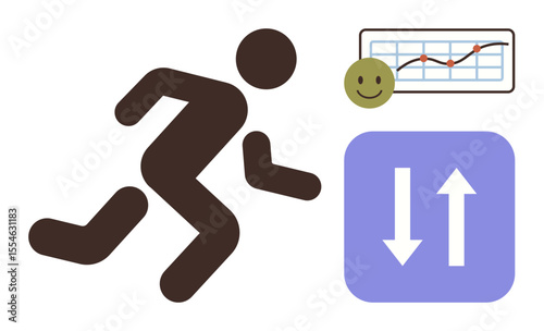 Person running symbolizes progress, chart displays performance, happy face reflects motivation, arrows indicate upward and downward movement. Ideal for success, motivation, fitness, analysis, growth