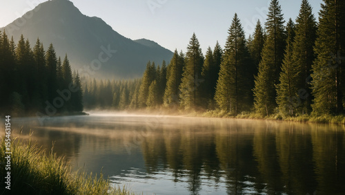 Serene mountain lake at dawn