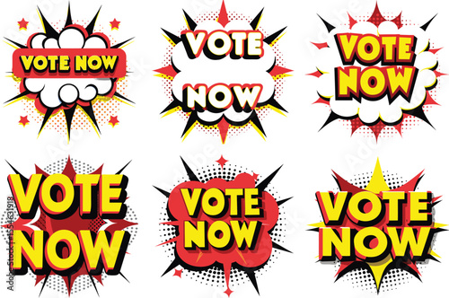 Six Vibrant "Vote Now" Comic Book Style Speech Bubbles