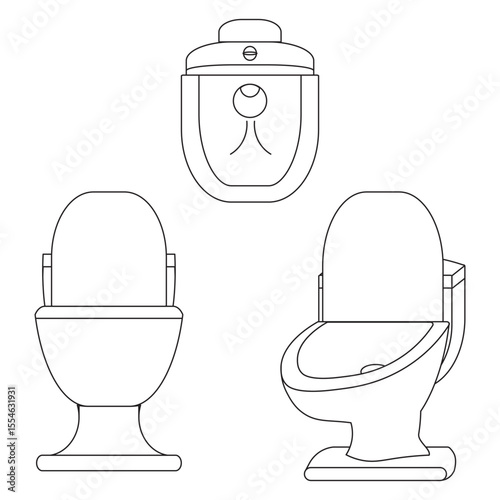 Outline illustration of toilet and urinal fixtures in multiple angles (top view, front view, and isometric view). Ideal for bathroom planning, architectural drawings, plumbing guides, and icon sets.