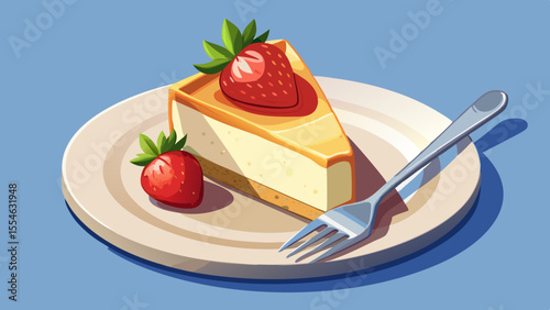 On a ceramic plate sits a slice of creamy cheesecake, topped with fresh strawberries and a mint leaf. A fork gently presses into the soft dessert, with smooth shadows enhancing the texture. 