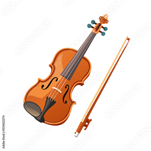 Vector illustration of a vintage violin with bow, isolated on white background