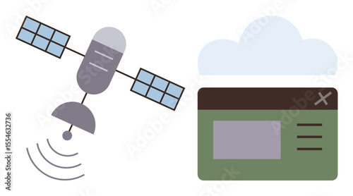 Satellite with signal waves, cloud, and user interface window representing communication. Ideal for space, communication, technology, data transfer, cloud computing, innovation simple flat metaphor